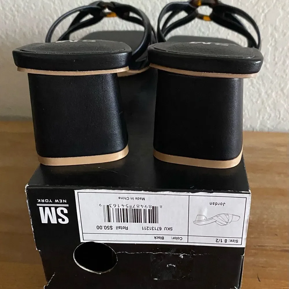 SM New York NEW Black Square Toe Block Heel Heeled Sandals Size 8.5 2” Heel